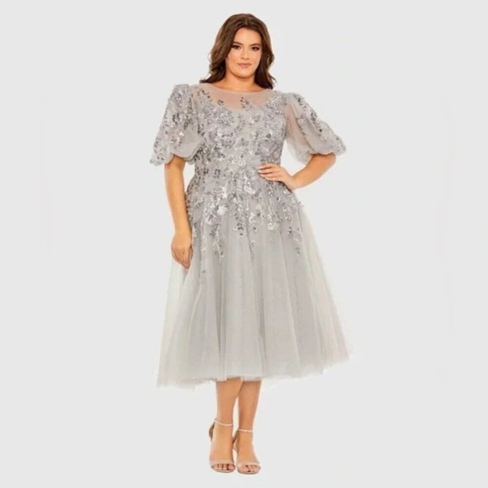MAC DUGGAL Gray Puff Sleeve Glitter Embellished Dress Gown Midi 20475 Size 20W
